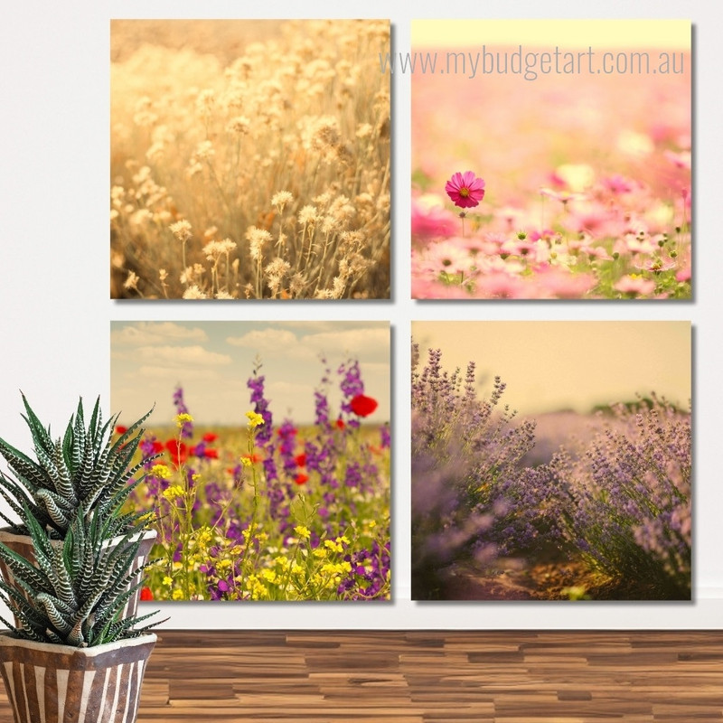White Flower Field Floral Modern Framed Wall Art Image 4 Piece Wall Art Framed Canvas Prints Set For Home Decor